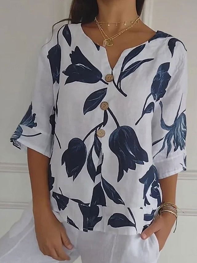 Women's Shirt Button Up Blouse Faux Cotton Linen Graphic