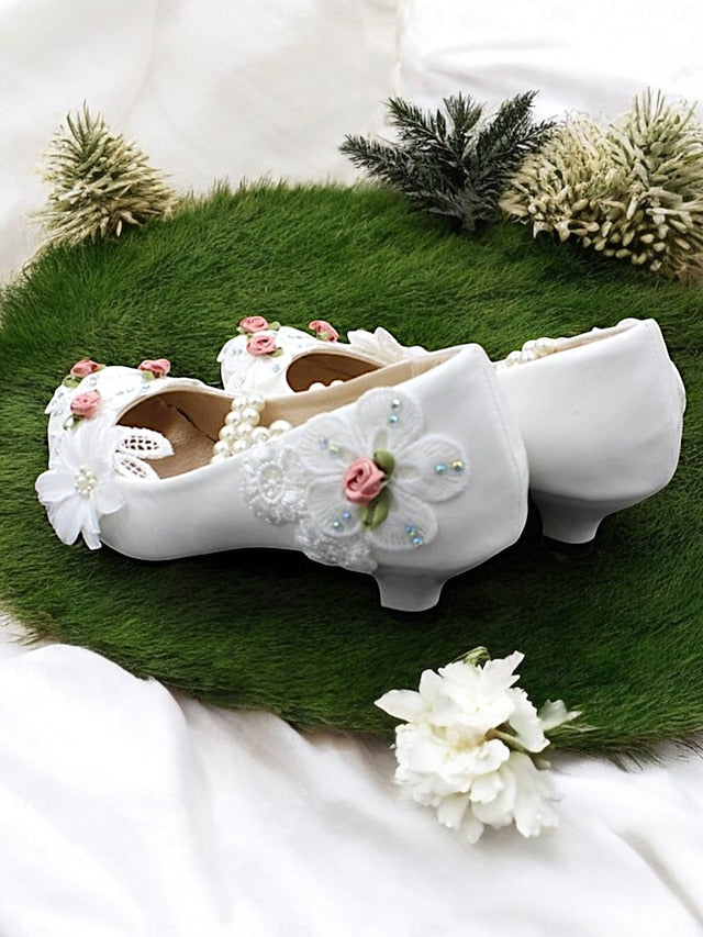 White Embellished Low Heel Strap Bridal Shoes for Pearl Floral