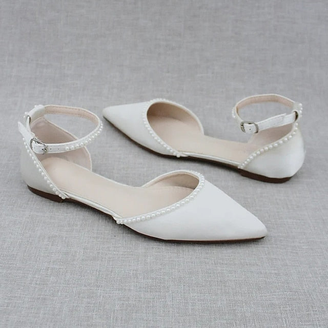 with Toe White Women's Shoes Flat Pearl-Embellished Pointed