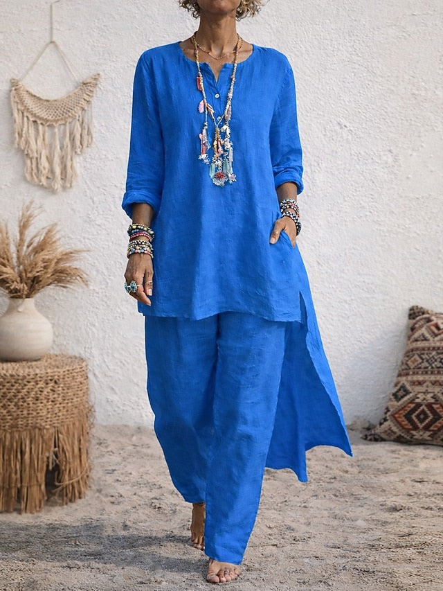 Women's Boho Shirt Sets Linen Like Two Piece Sets Faux