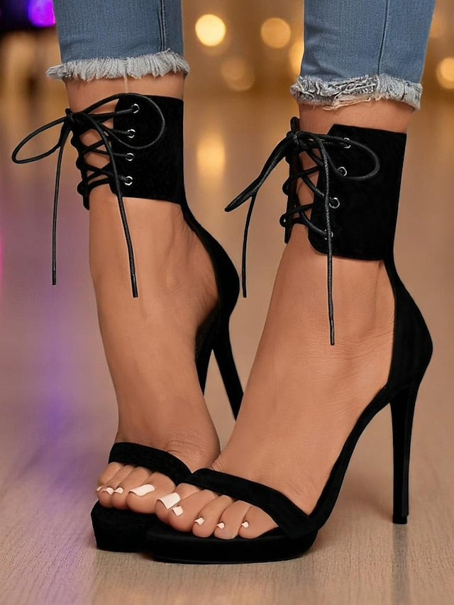 Sandals Sexy Heel Women's Ankle - Strap High Black Lace-Up