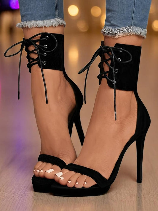 Sandals Sexy Heel Women's Ankle - Strap High Black Lace-Up