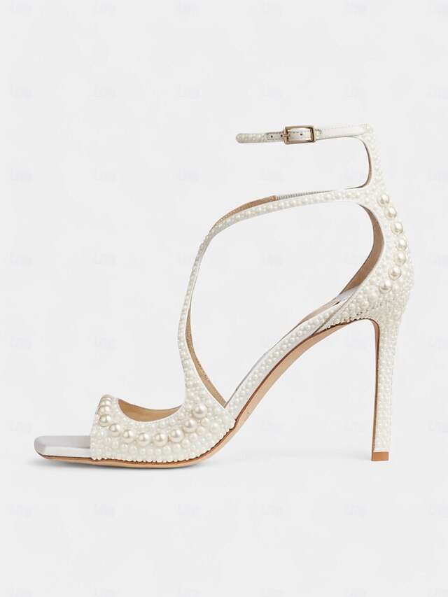 Sandals Open-Toe White Ankle with Stiletto Pearl-Embellished