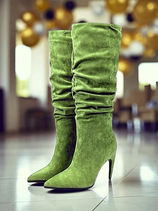 Slouch Pointed Women's Knee Toe Green - Velvet Boots High