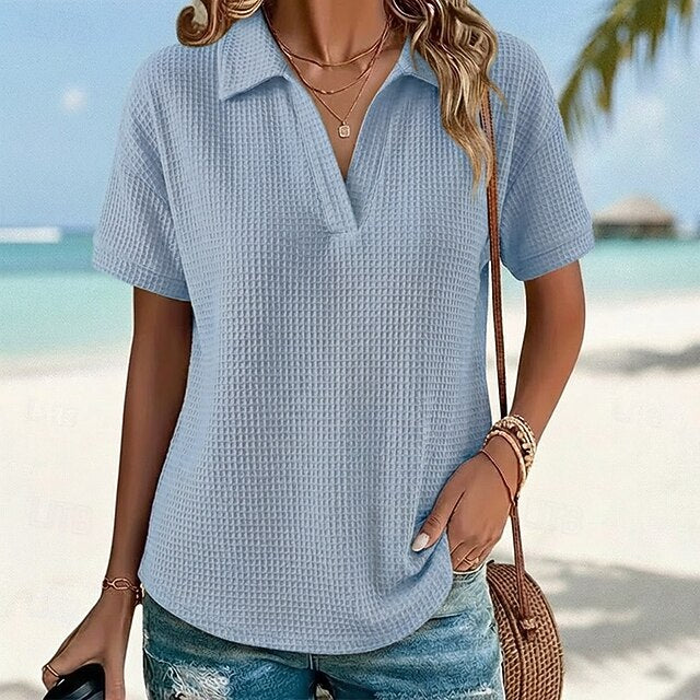 Women's T Shirt Polo Shirts Waffle Knit Tops Tee Top Plain