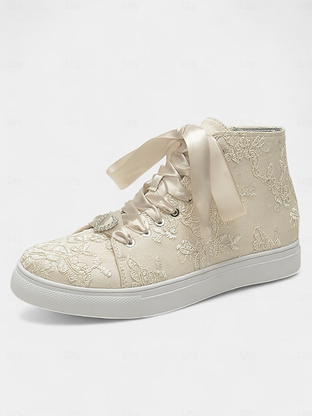 Women's Wedding Ribbon Satin Ivory with Lace Laces Sneakers