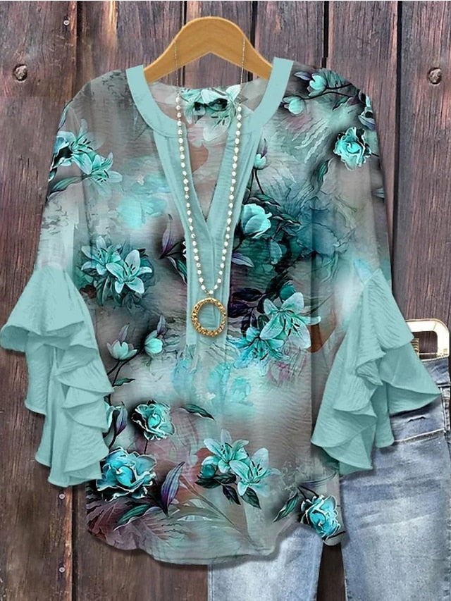 Women's Blouse V Neck Floral Graphic Elegant Bohemia Ethnic