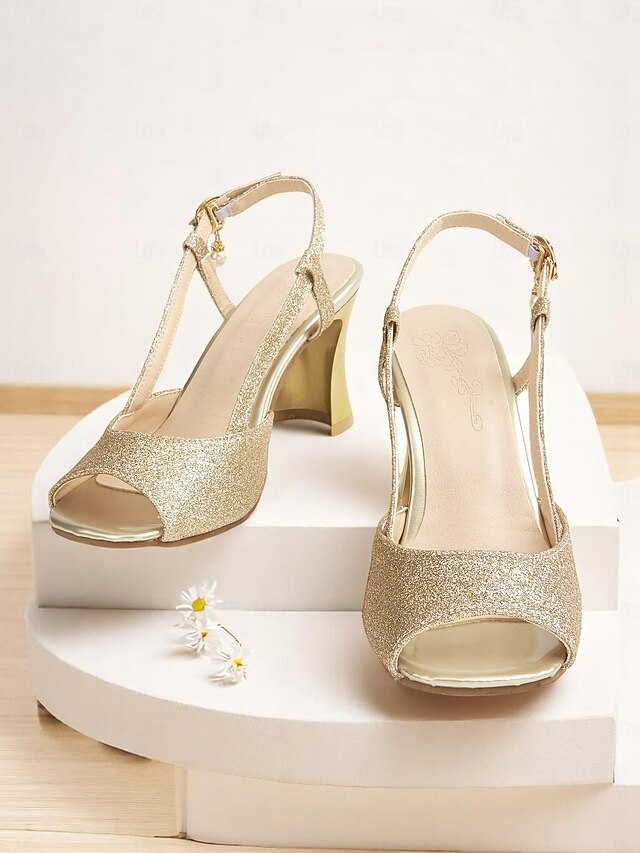 Sparkly Open-Toe Women's Gold Glitter Heels - Slingback