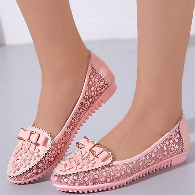 Pink Flats Floral Details - Bow with and Women's Lace