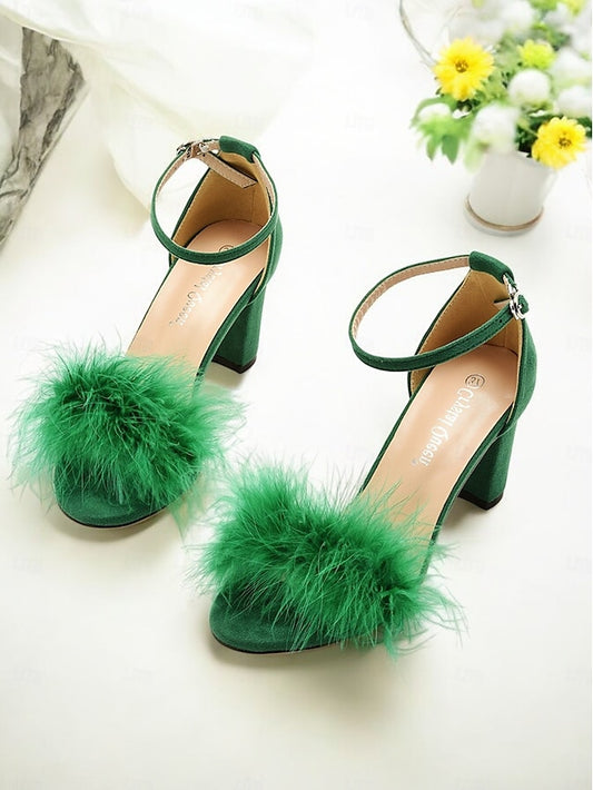 for Feather-Embellished Block Women – Wedding Sandals Heel