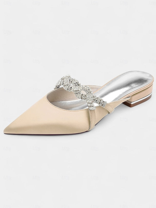Satin Mule - Heels Rhinestone with Pointed-Toe Blue Detailing