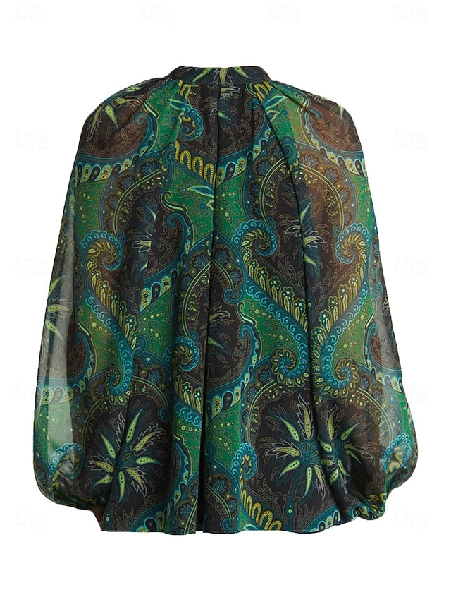 Women's Paisley Print Chiffon Peasant Top Lantern Sleeve