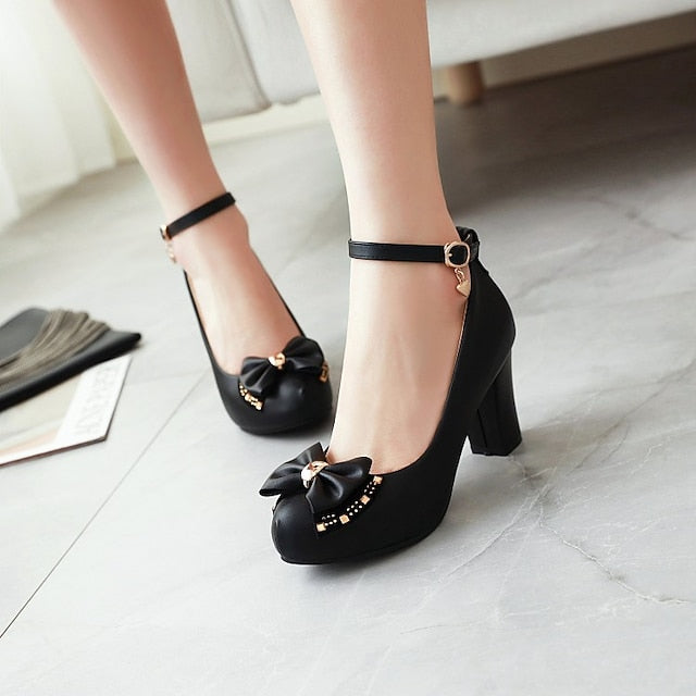 Heel Block White Pumps – Girls' Round Shoes Toe