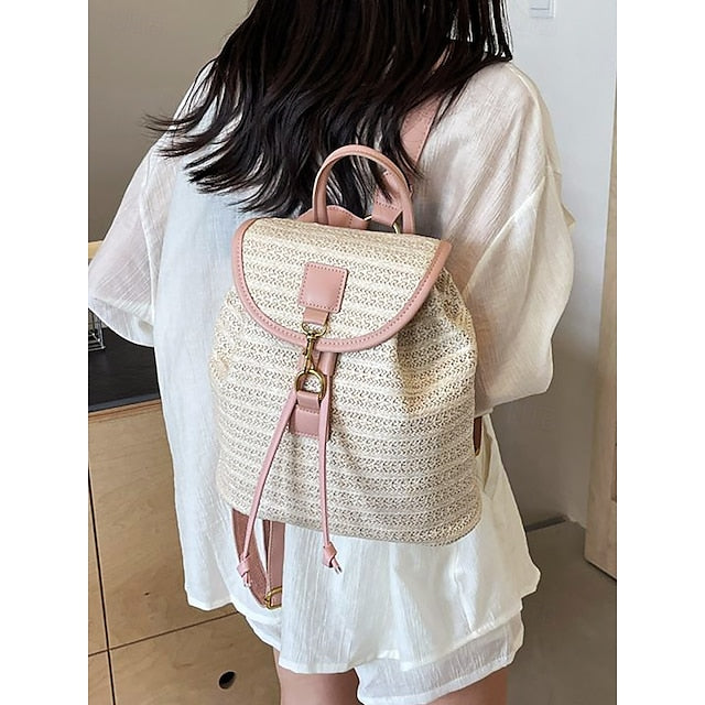 Rattan Backpack Travel Woven with for Bag Boho Women Straw –
