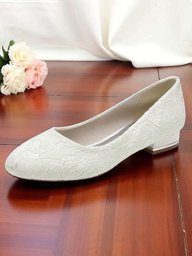 Ivory Women's Lace Heel Flats Low Wedding