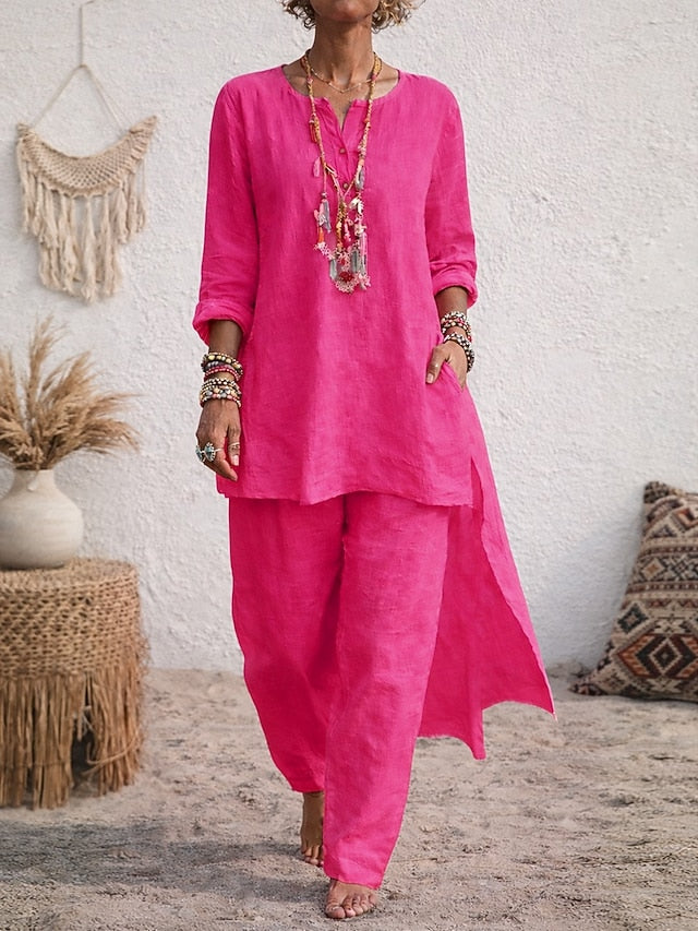 Women's Boho Shirt Sets Linen Like Two Piece Sets Faux