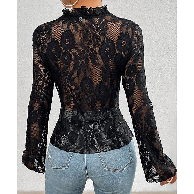 Women's Lace Solid Color Plain Stylish Long Sleeve Causal