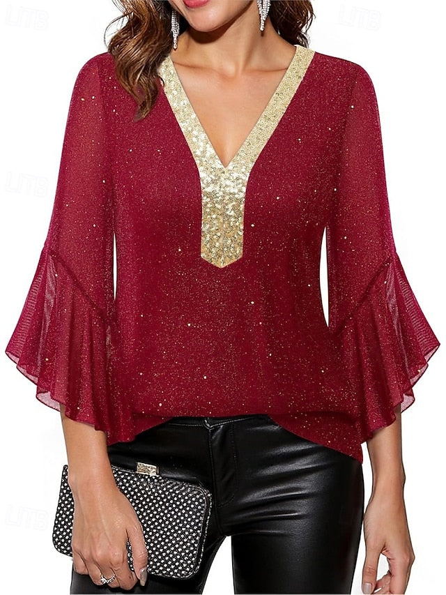 Women's Blouse Sequin Tops Patchwork Color Block Stylish