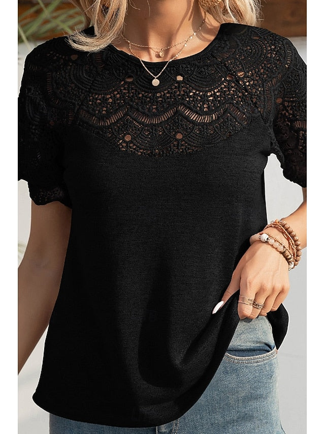 Women's Blouse Lace Tops Lace Plain Casual Short Sleeve