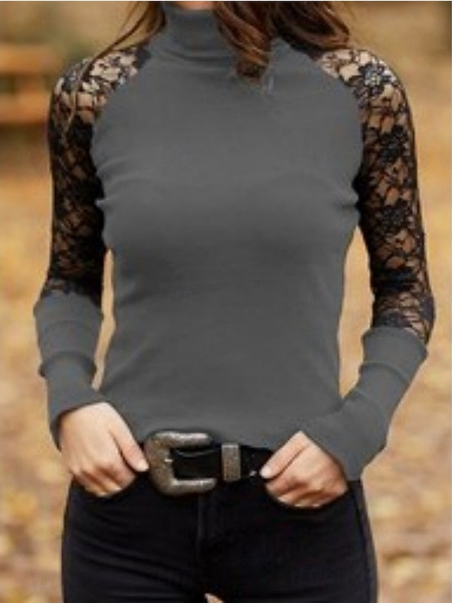 Women's Blouse Lace Patchwork Solid Color Stylish Casual