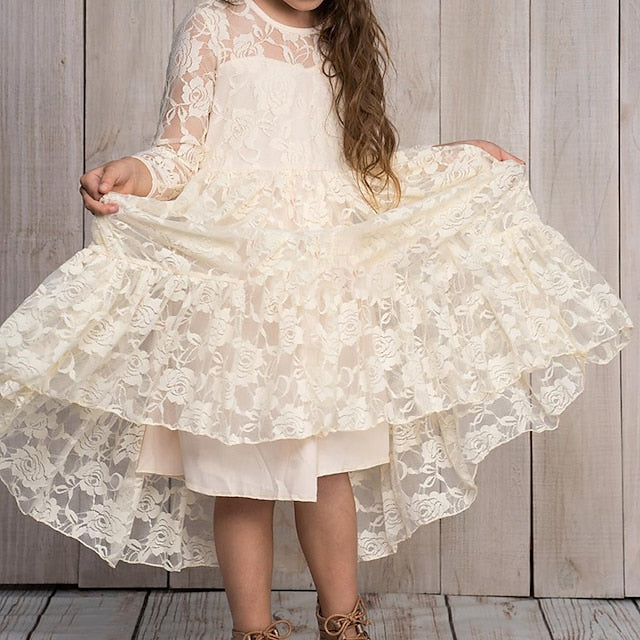 Long Girls' Colored Dress Girl Flower Solid Kids