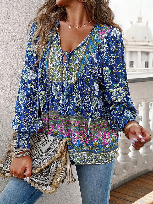 Women's Shirt Blouse Casual Boho Floral Lace up Print Long