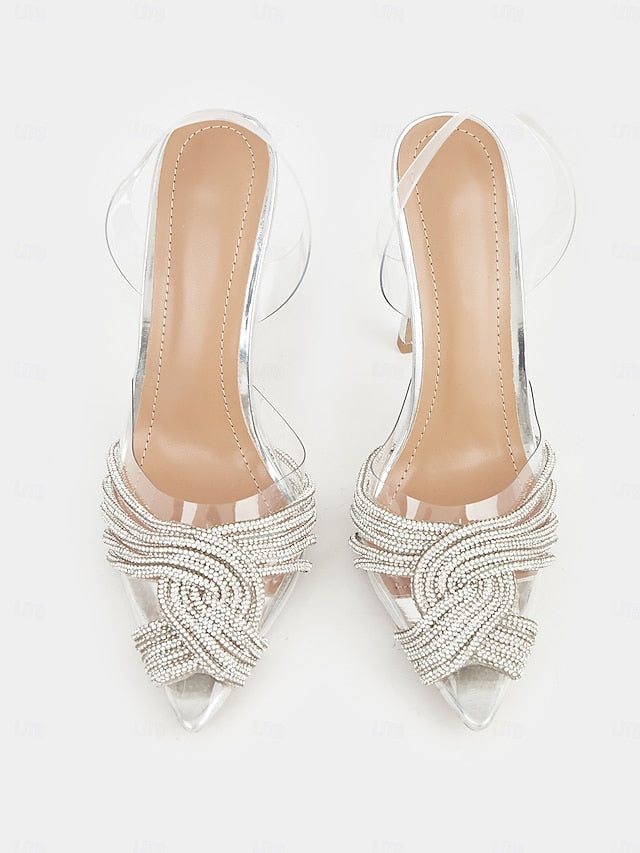 with Sandals Silver Transparent Stiletto Straps – Rhinestone