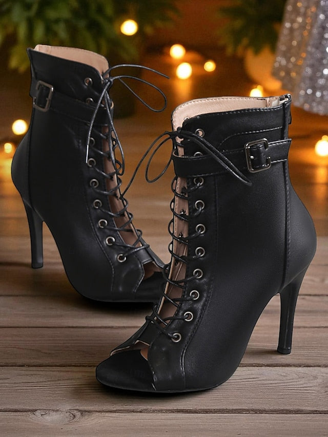 Lace-Up Booties High Women's Black Stiletto Toe Heel Peep -