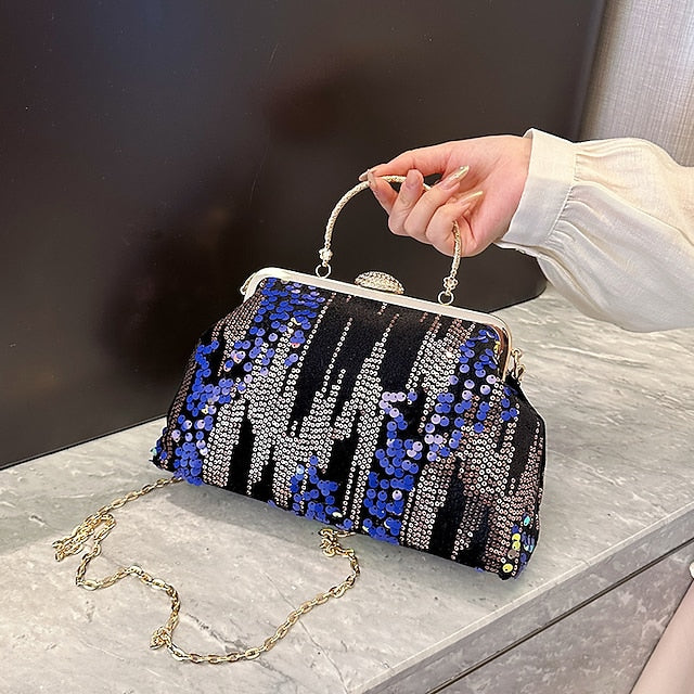 Women's Ivory Sequin Top Handle Clutch with Chain Strap,