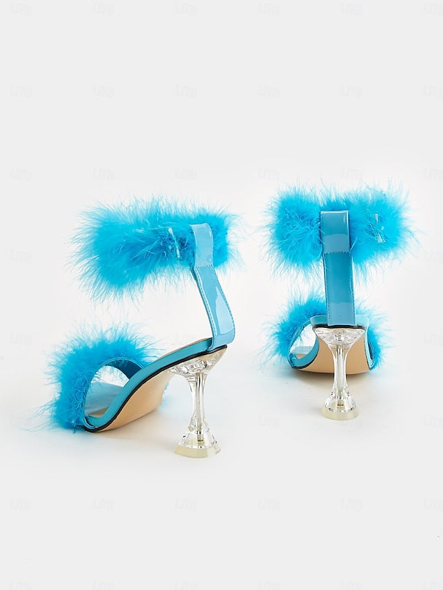 Clear Heel High Feather-Embellished Sandals with Turquoise