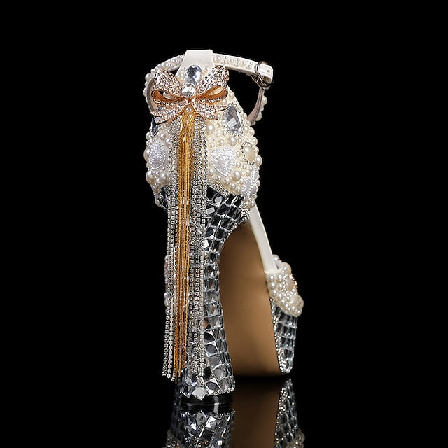 Embellished Rhinestone White Pearl and Platform Women's