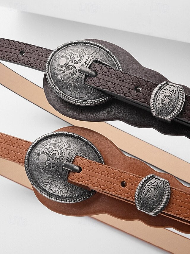 Leather Women's Faux Western with Carved Belt Vintage Waist