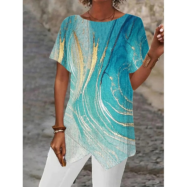 Women's Shirt Asymmetrical Hem Basic Abstract Print Short