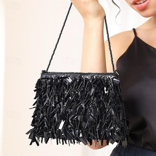 and Crystal Evening Black Clutch Fringe Luxurious Sparkling with