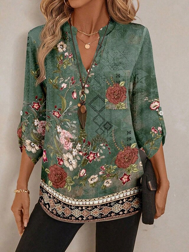 Women's Blouse Ruched Floral Graphic Elegant Stylish Basic