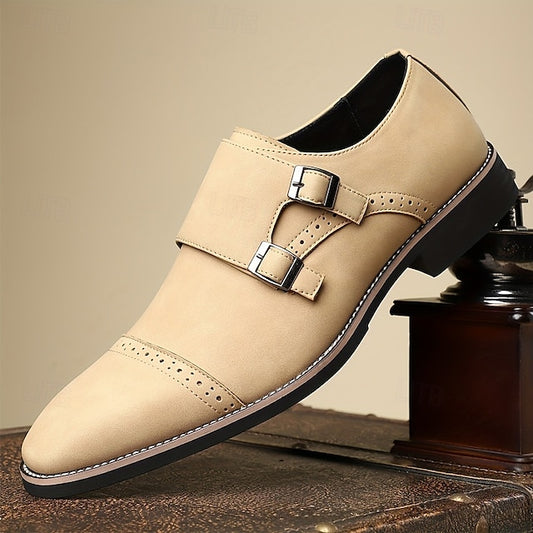 Faux Leather Monk with Shoes Beige Double Strap Men's