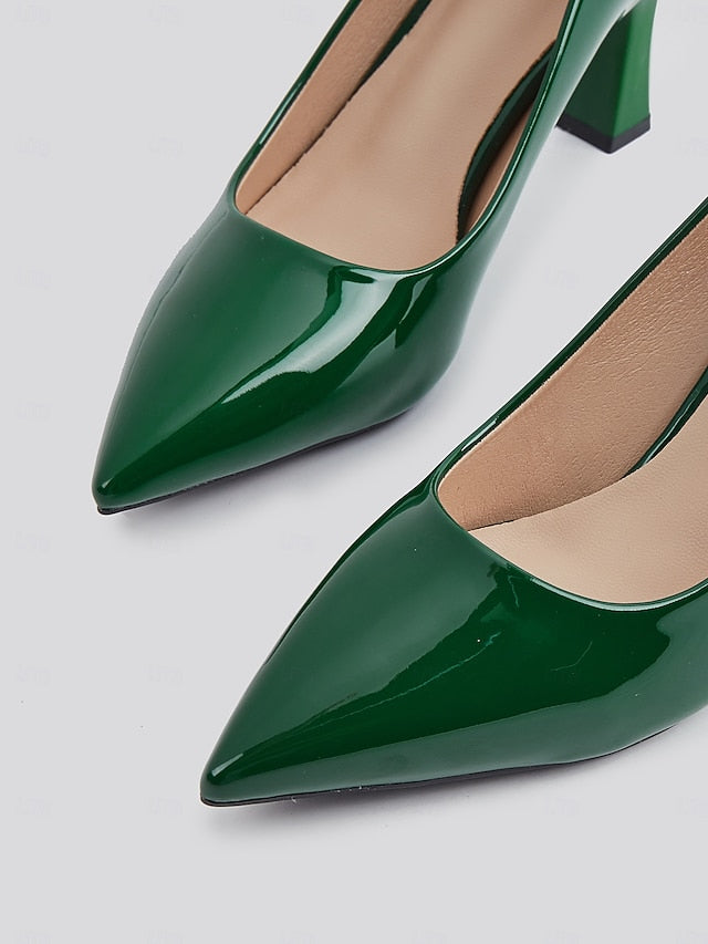 Pointed-Toe Heel Block Leather Patent Pumps Green Faux Glossy