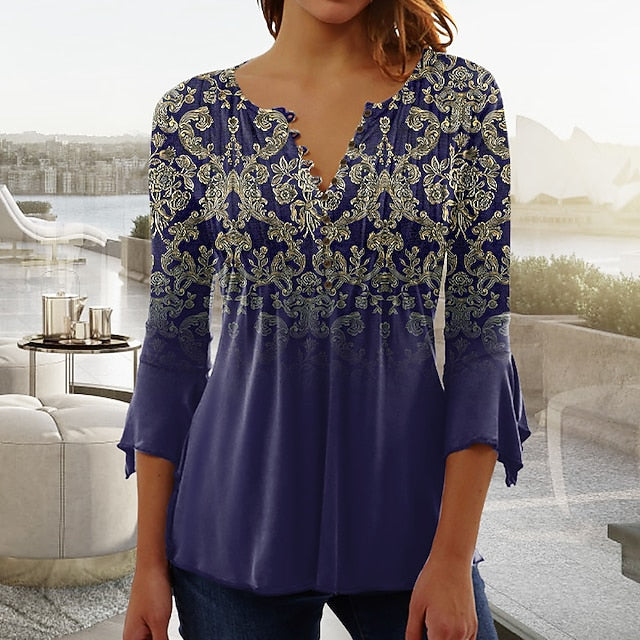Women's T shirt Long Sleeve Henley T Shirt Blouse Floral