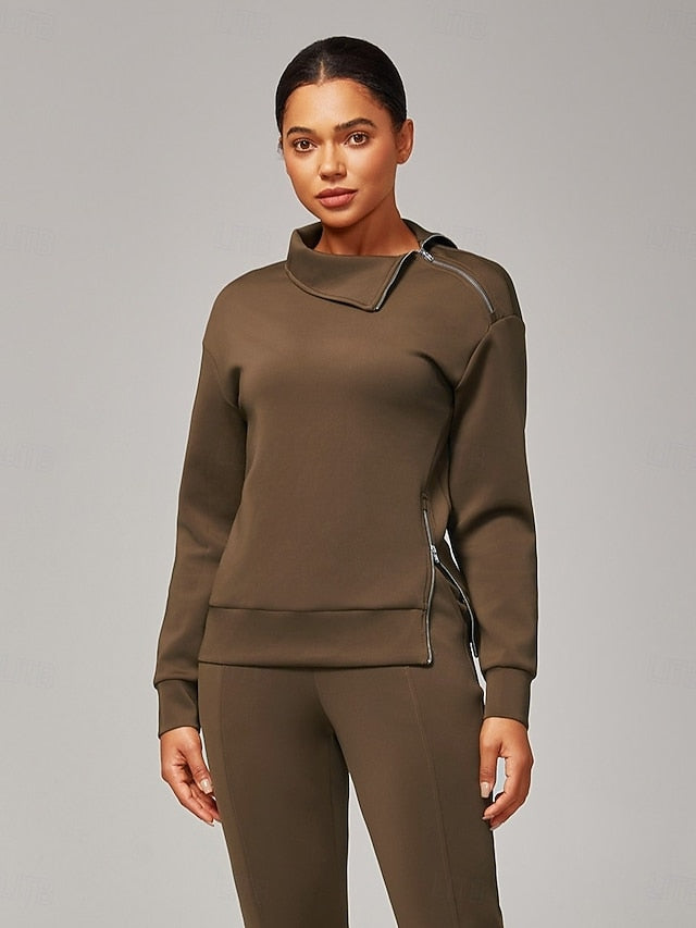 Women's Brown Stretch Knit Zip Slit High Neck Top Tracksuit
