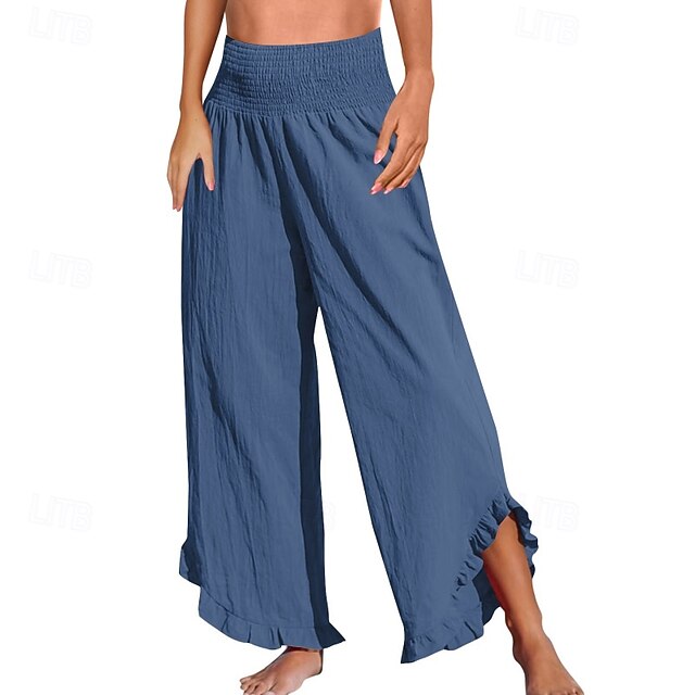 Women's Cotton Linen Pants Culottes Wide Leg Slacks Fashion