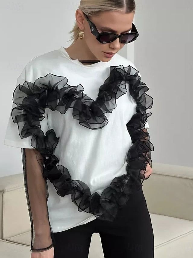 Women's 100% Cotton T Shirt Ruched Patchwork 3D Appliques