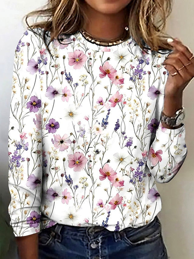 Women's T shirt Crew Neck Long Sleeve Tunic Floral Elegant