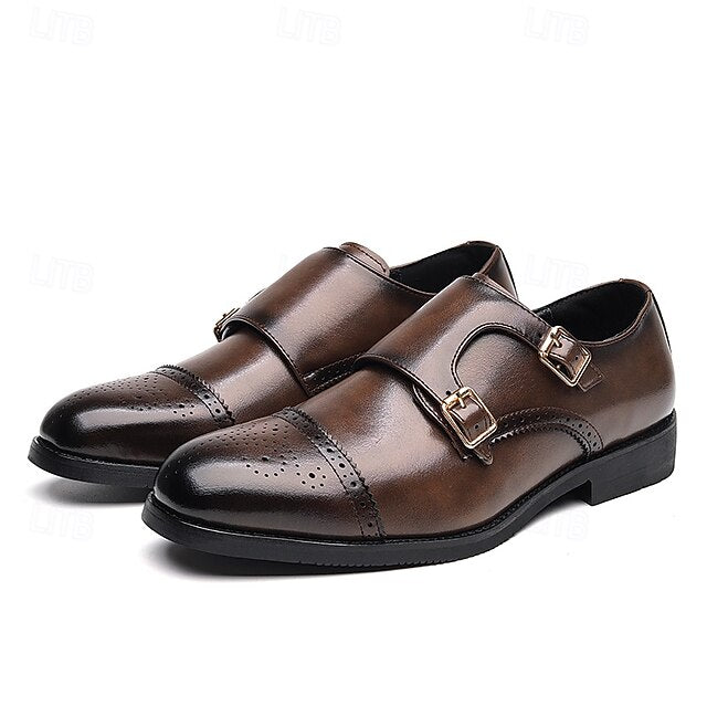 Men's Monk Leather with Strap Brown Faux Double Shoes