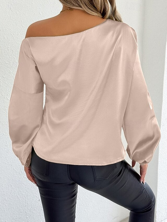 Women's Satin Tee Top Elegant Stylish Long Sleeve Puff