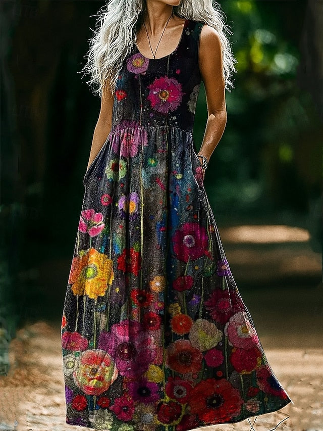 Women's Boho Floral Art Print Vintage Dress Vacation Casual