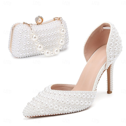 Pearl Women's Heels Clutch Stiletto – and Set Bag White