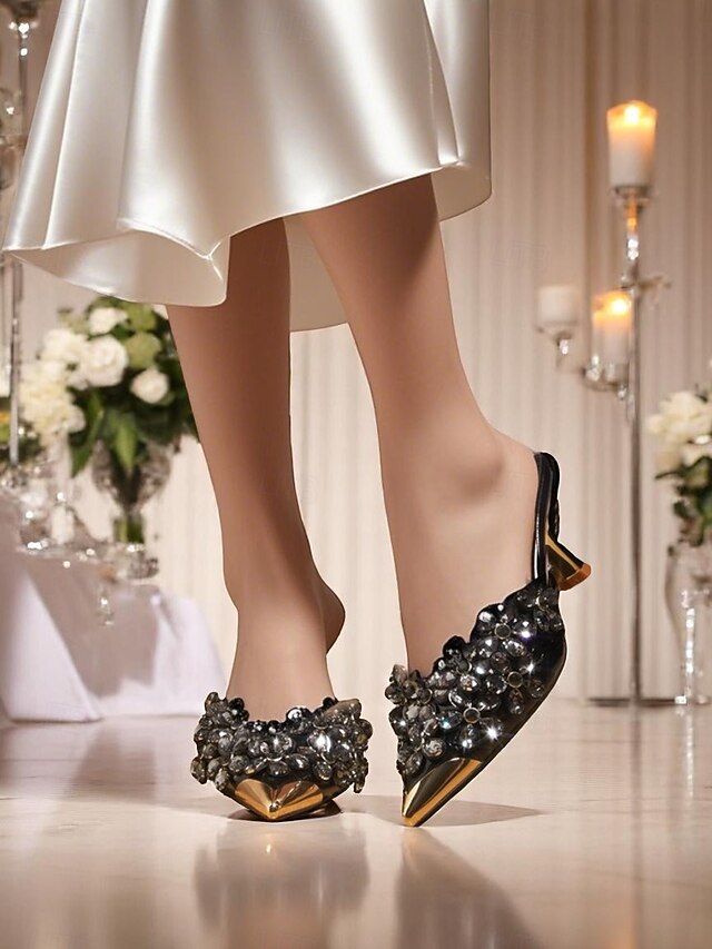 Pointed-Toe Mules – Black Embellished Women's Rhinestone