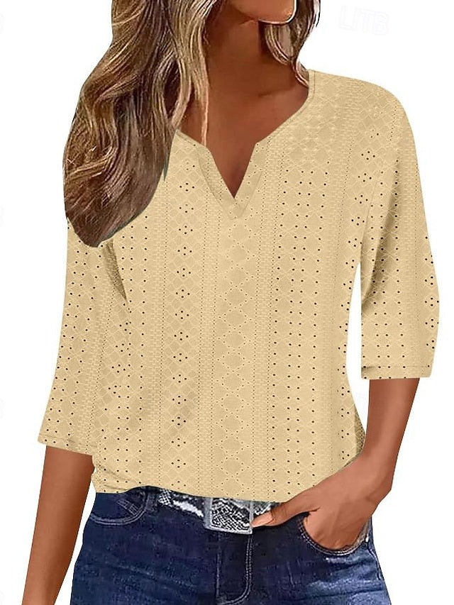 Women's Texture Blouse Eyelet Top Pointelle Tee Blouse