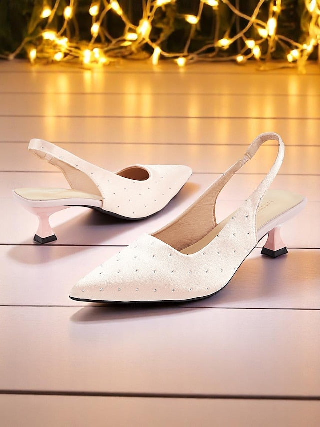 Slingback Studs Kitten Rhinestone Satin Heels Women's with