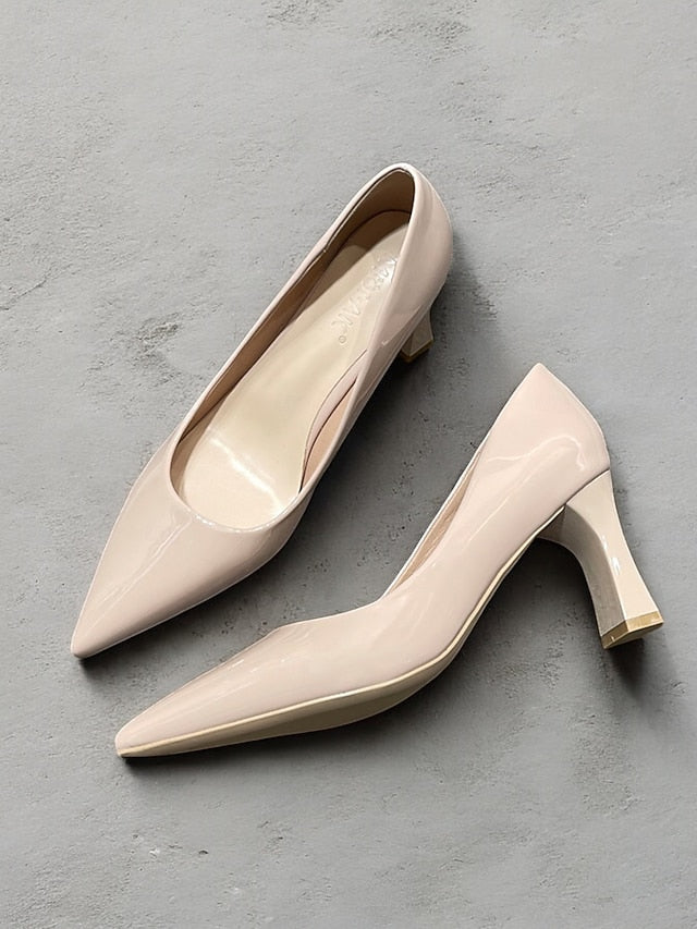 Pointed-Toe Heel Block Leather Patent Pumps Green Faux Glossy